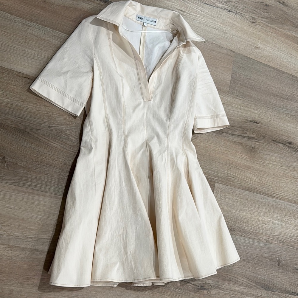 Zara Cream Fit-and-Flare Short Sleeve Dress
